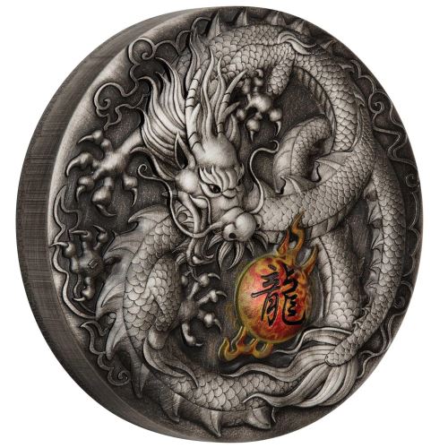 DRAGON- 2019 5 OZ PURE SILVER ANTIQUED COLORED COIN – PERTH MINT